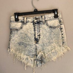 High waisted acid wash denim shorts